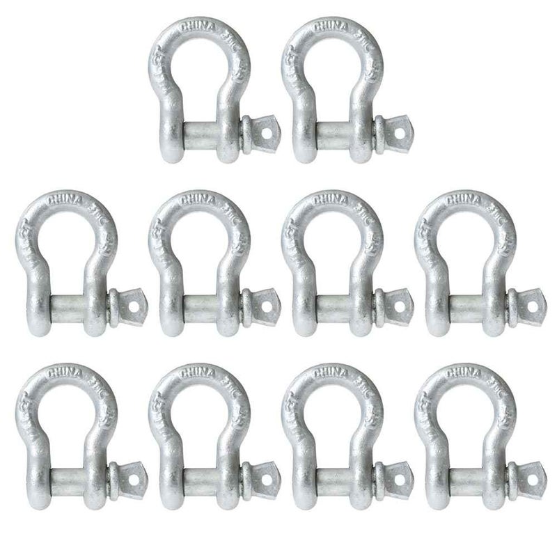 US Cargo Control 3/8 Inch Galvanized Screw Pin Anchor Shackles (10-Pack), 1 Ton (2,000 LBS) Working Load Limit, Hot Dip Galvanized Shackles for Lifting, Rigging, and Towing, Forged Steel